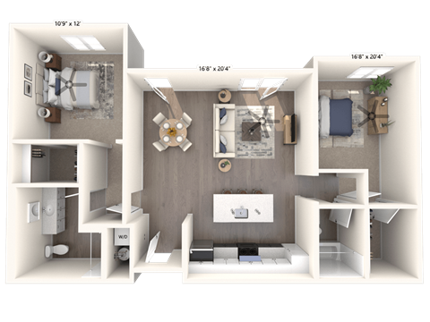 Floor plan for 2 beds, 2 baths, 1041 sqft